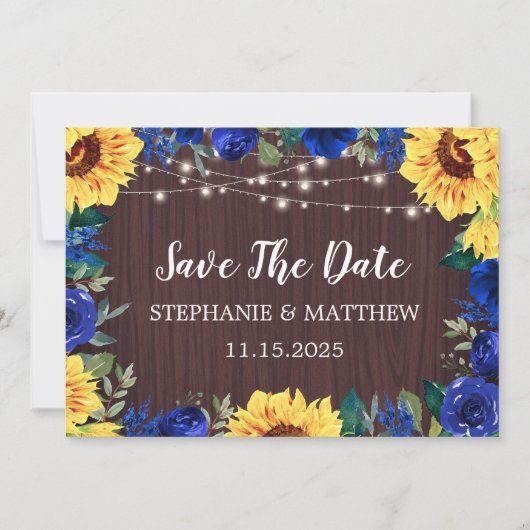Zonnebloem Blauw Bloemen Hout Bruiloft Save The Da Date (Voorkant)