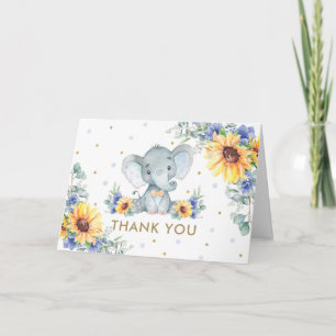 Zonnebloem Blauw Bloemen Olifant Boy Baby shower Bedankkaart