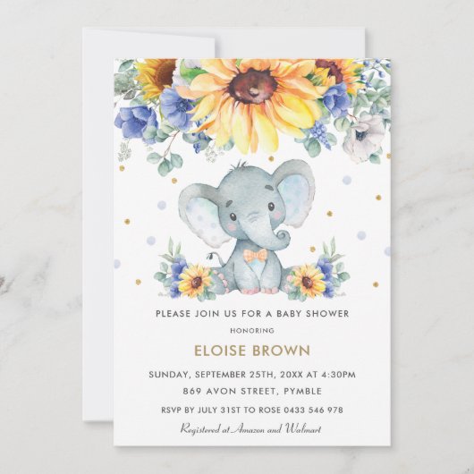 Zonnebloem Blauw Bloemen Olifant Boy Baby shower Kaart (Voorkant)