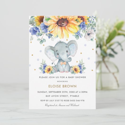 Zonnebloem Blauw Bloemen Olifant Boy Baby shower Kaart (Staand voorkant)