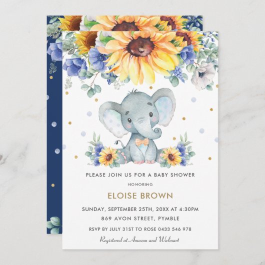 Zonnebloem Blauw Bloemen Olifant Boy Baby shower Kaart (Voorkant / Achterkant)