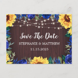 Zonnebloem Blauw Bloemen Rand Hout Save the Date Aankondigingskaart