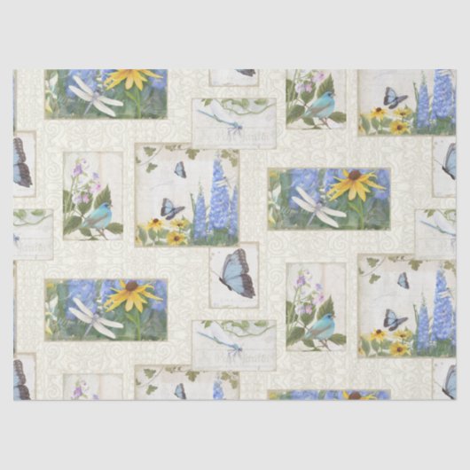 Zonnebloem Blauw Bloemen Vlinder Dragonfly Tissuepapier (Voorkant)