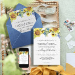 Zonnebloem Blauw BOHO Chic Eucalyptus Weddenschap Kaart<br><div class="desc">Elegant maar roest, warm en gastvrij, zonnig kleurenpalet van goudgeel, diep blauw en zacht zonlicht groen, dit BOHO gestileerde trouwuitnodigingsthema is uitstekende zomer door de seizoenen van de herfst. De zonnebloemen, blauwe wilde bloemen en bladbladerij zijn in waterverf geschilderd. Kunstauteursrecht internationaal erkende kunstenaar en productontwerper, Audrey Jeanne Roberts, alle rechten...</div>