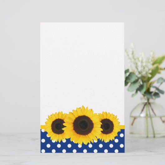 Zonnebloem Blauw en Wit Polka Dots Briefpapier (Staand voorkant)