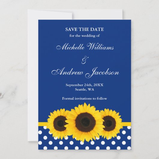 Zonnebloem Blauw en Witte Polka Dot sparen de Datu Save The Date (Voorkant)