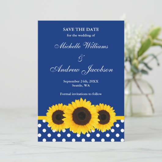Zonnebloem Blauw en Witte Polka Dot sparen de Datu Save The Date (Staand voorkant)
