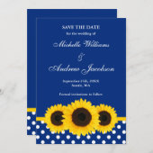 Zonnebloem Blauw en Witte Polka Dot sparen de Datu Save The Date (Voorkant / Achterkant)