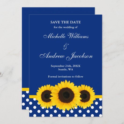 Zonnebloem Blauw en Witte Polka Dot sparen de Datu Save The Date (Voorkant / Achterkant)