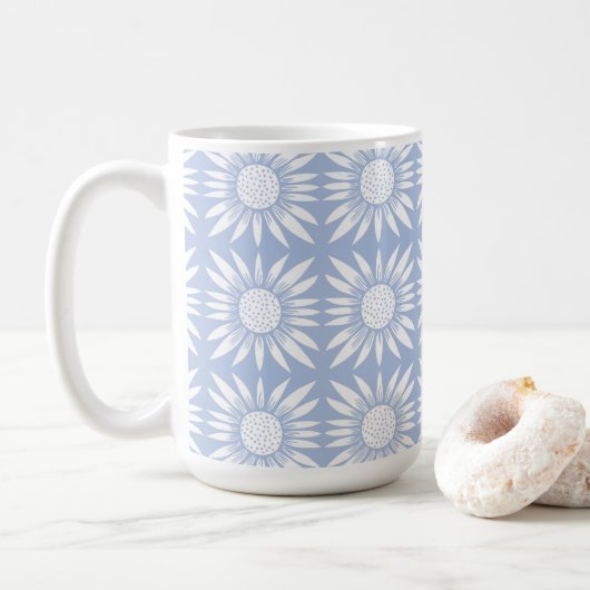 Zonnebloem Blauw Floral Tegel Pattern Koffiemok (Met donut)