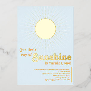 Zonnebloem Blauw Gouden Zon Baby Eerste Verjaardag Folie Uitnodiging