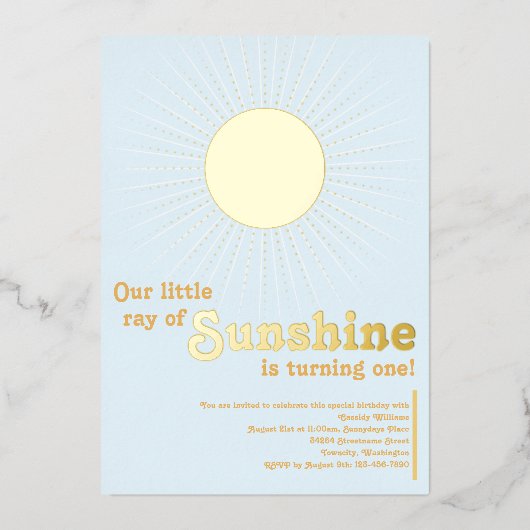 Zonnebloem Blauw Gouden Zon Baby Eerste Verjaardag Folie Uitnodiging (Voorkant)