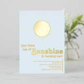 Zonnebloem Blauw Gouden Zon Baby Eerste Verjaardag Folie Uitnodiging (Staand Voorkant)