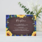 Zonnebloem Blauw Roos Border Wedding Receptie Informatiekaartje (Staand voorkant)