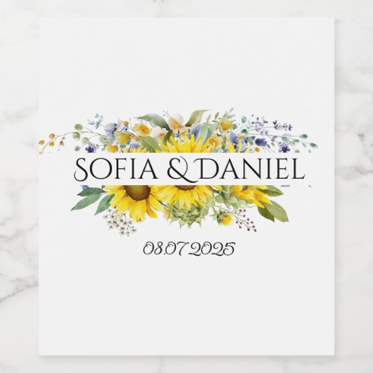 Zonnebloem blauw wilde bloem bruiloft wit wijn etiket (Enkel label)