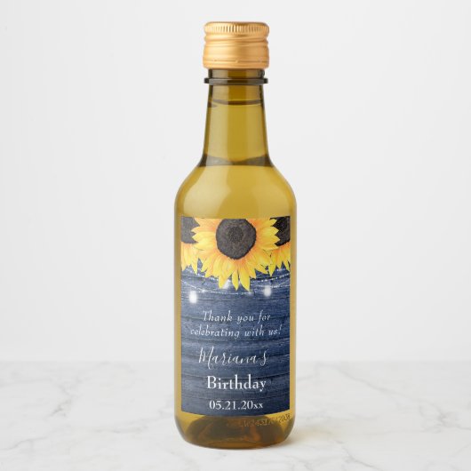 Zonnebloem Blauwe Birthday Party Favor Mini Wijn Etiket (Voorkant)