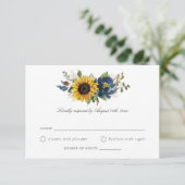 Zonnebloem Blauwe Bloemen Rustic Wedding RSVP Kaart (Staand voorkant)