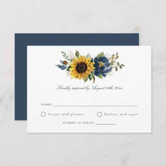 Zonnebloem Blauwe Bloemen Rustic Wedding RSVP Kaart (Voorkant / Achterkant)