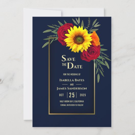 Zonnebloem Blauwe bruiloft Bewaar de datum Save The Date (Voorkant)