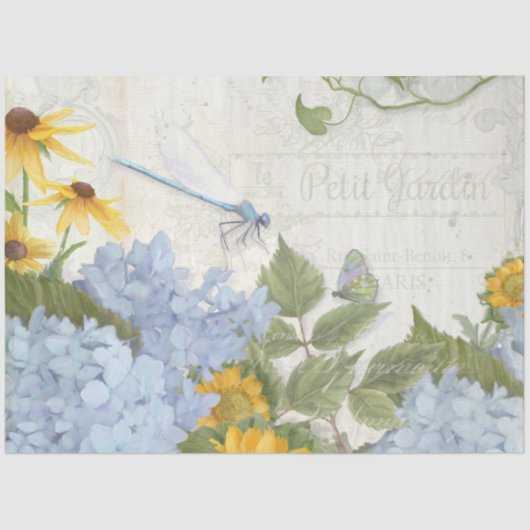  Zonnebloem Blauwe Floral Dragonfly Tis Tissuepapier (Voorkant)