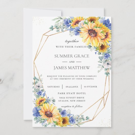 Zonnebloem Blauwe Floral Greenery Geometric Weddin Kaart (Voorkant)