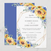 Zonnebloem Blauwe Floral Greenery Geometric Weddin Kaart (Voorkant / Achterkant)