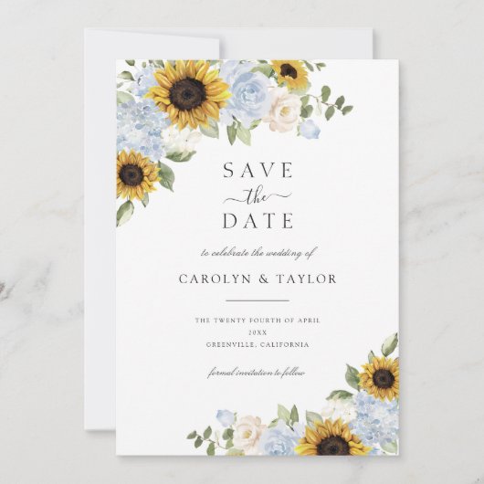 Zonnebloem Blauwe Floral Rustic Save the Date Kaart (Voorkant)