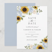 Zonnebloem Blauwe Floral Rustic Save the Date Kaart (Voorkant / Achterkant)