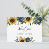 Zonnebloem Blauwe Floral Rustic Wedding Bedankkaart (Staand voorkant)