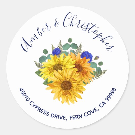 Zonnebloem Blauwe Rozen Bruiloft Adres Envelop Afd Ronde Sticker (Voorkant)