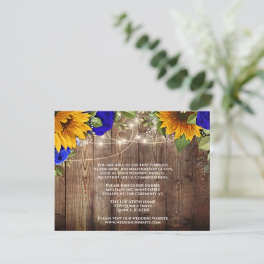 Zonnebloem Blauwe Rozen Rustieke Trouwdetails Kaar Kaart (Staand voorkant)