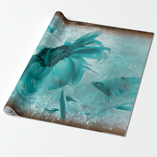Zonnebloem Blauwgroen Blauw  Antiek Textuur Cadeaupapier (Uitgerold)