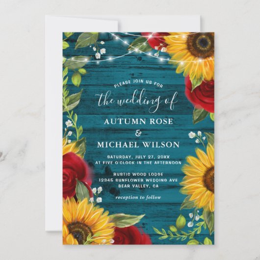 Zonnebloem Blauwgroen Bourgogne Roos rustieke hout Kaart (Voorkant)