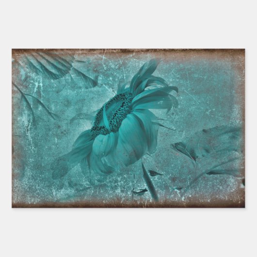 Zonnebloem Blauwgroen bruine  Antiek Grunge Inpakpapier Vel (Voorkant 3)