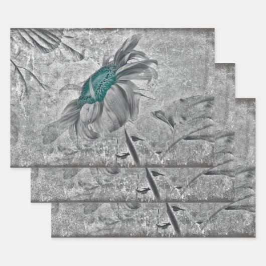 Zonnebloem Blauwgroen grijze  Antiek textuur Inpakpapier Vel (Set)