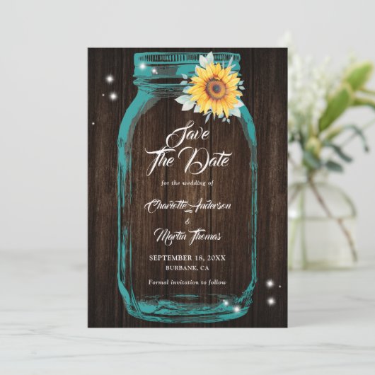 Zonnebloem Blauwgroen Hout Mason Jar Bruiloft Save The Date (Staand voorkant)