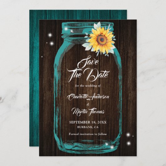 Zonnebloem Blauwgroen Hout Mason Jar Bruiloft Save The Date (Voorkant / Achterkant)