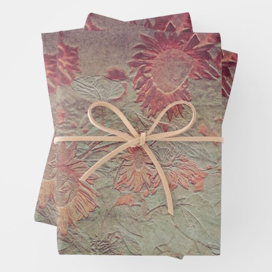 Zonnebloem Blauwgroen koraalroze textuur Grunge Inpakpapier Vel (In situ)