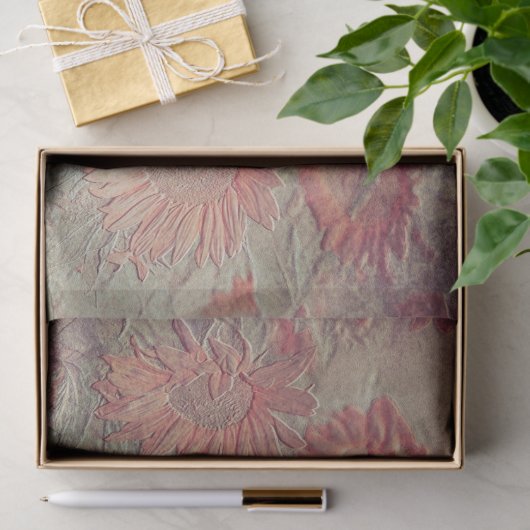 Zonnebloem Blauwgroen koraalroze textuur Grunge Tissuepapier (Geschenk)