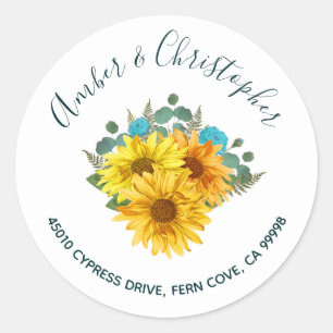 Zonnebloem Blauwgroen Rozen Bruiloft Adres Envelop Ronde Sticker
