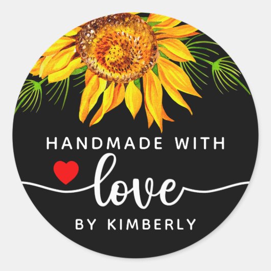 Zonnebloem Bloem Handgemaakt met Love Black Ronde Sticker (Voorkant)
