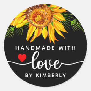 Zonnebloem Bloem Handgemaakt met Love Black Ronde Sticker