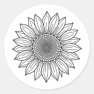 Zonnebloem Bloem Illustratie Lijnkunst  Ronde Sticker