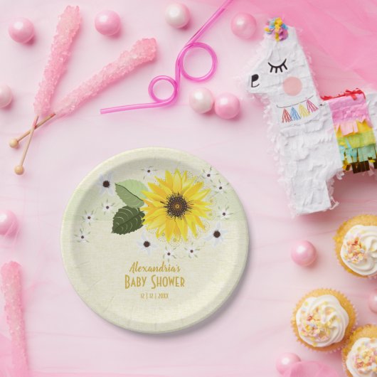 Zonnebloem Bloem Linnen Baby Shower Papieren Bordje (Feest)