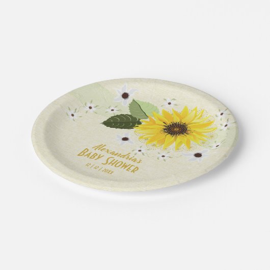 Zonnebloem Bloem Linnen Baby Shower Papieren Bordje (Gekanteld)