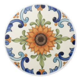 Zonnebloem Bloem Mediterraan Blauw Oranje Crème Keramische Knop