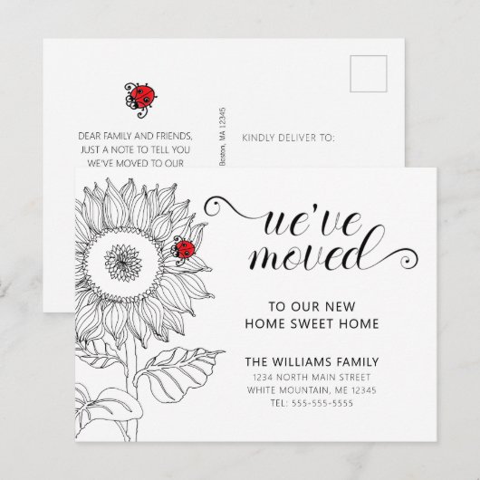 Zonnebloem bloem met lieveheersbeestje bewegend aankondigingskaart (Voorkant / Achterkant)