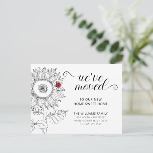 Zonnebloem bloem met lieveheersbeestje bewegend aankondigingskaart (Staand voorkant)