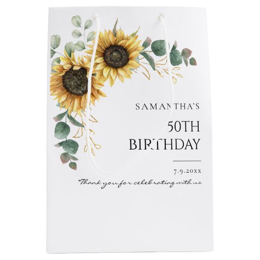 Zonnebloem bloemblaadje 50e verjaardag feest medium cadeauzakje (Voorkant)
