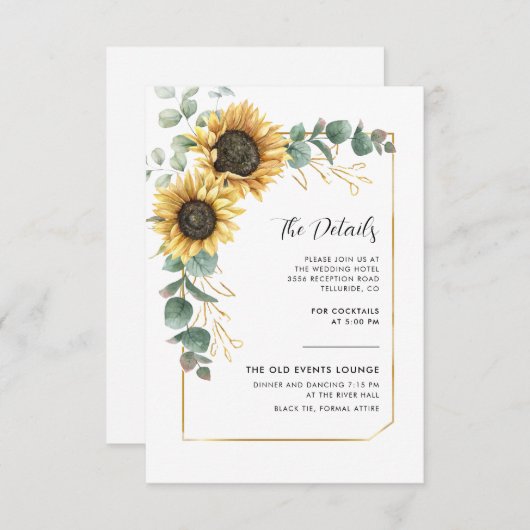 Zonnebloem bloemblaadje bruiloft details informatiekaartje (Voorkant / Achterkant)